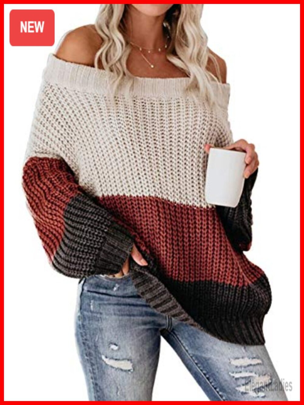 Womens Off Shoulder Color Block Oversized Pullover Chunky Knit Sweater